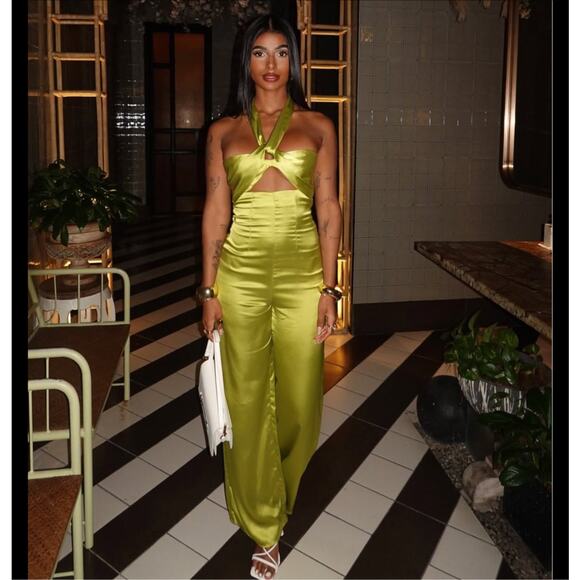 ZARA Strapless Wide-Leg Jumpsuit NWT | Bow Detail Cutout Green M - Picture 13 of 16